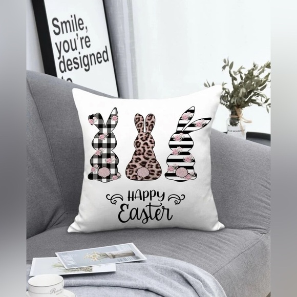 Seasonal Pillow Cover Easter Bunny Rabbit Zip Closure 17.7 In Square Black White - Picture 3 of 10